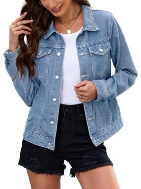 〽️ Women’s Blue Long Sleeve Button Down Cropped Fitted Denim Jean Jacket